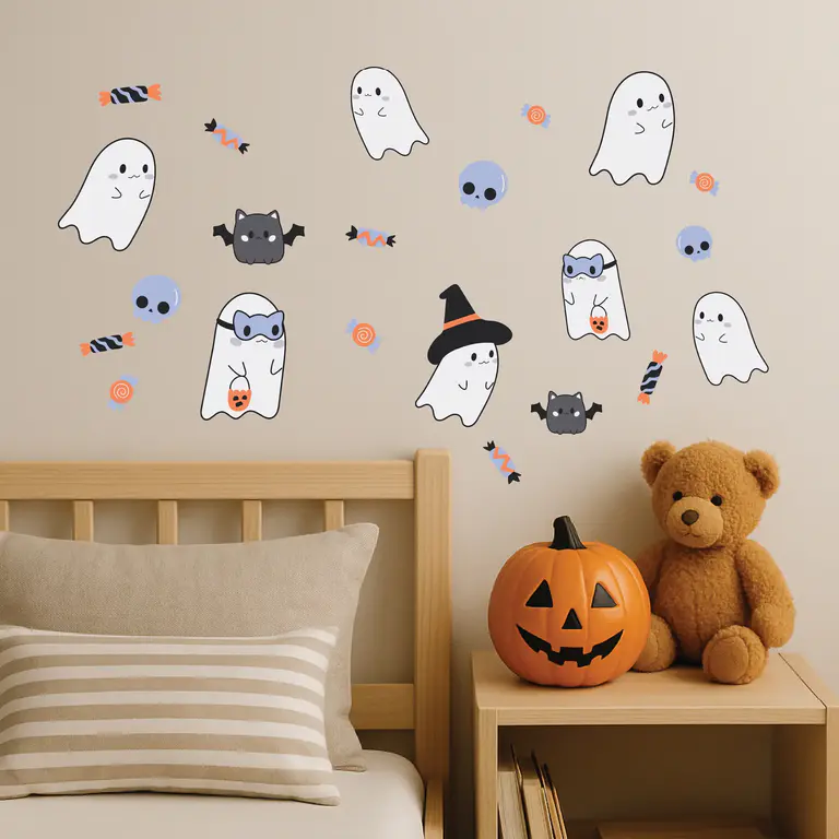 Spöken-wallstickers placerade ovanför sängen