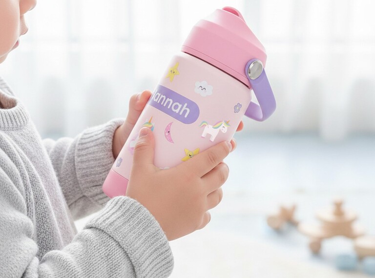 Matlåda och dricksflaska till barn - ett barn som håller en rosa dricksflaska med namn och enhörningsdesign.