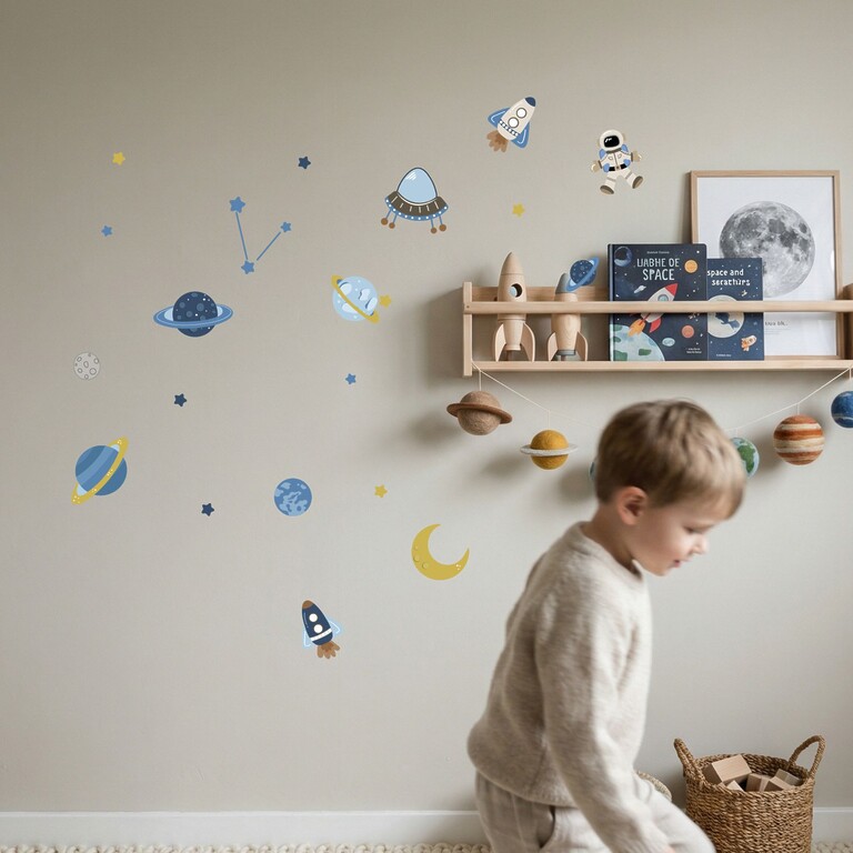 Pojkrum dekorerat med rymd- och astronaut-wallstickers