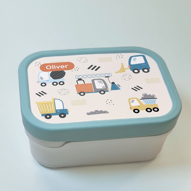 Grön matlåda med grävmaskinsdesign