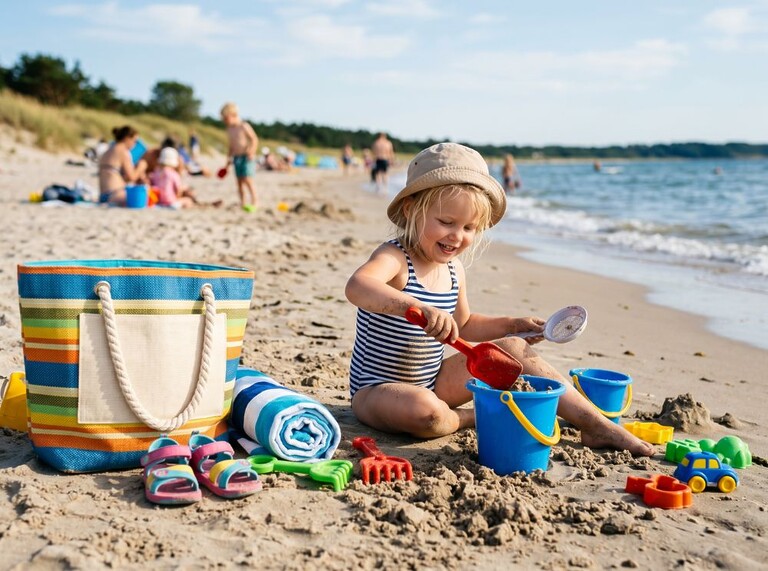 Barn leker med hink och spade på stranden