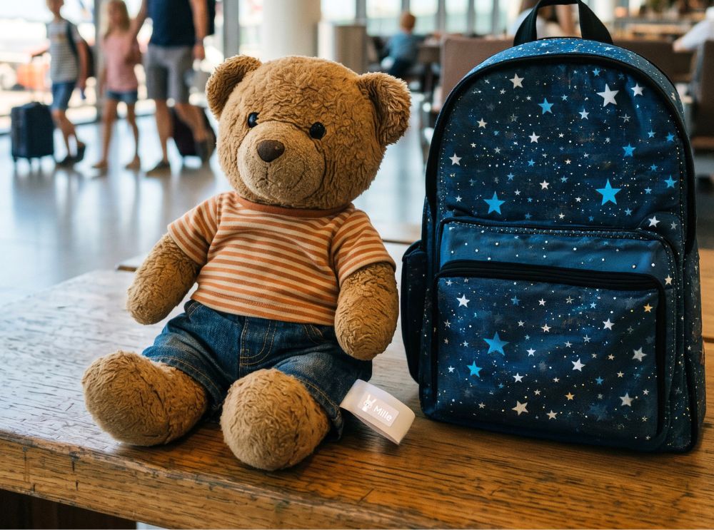 Nalle och ryggsäck med personliga namnlappar på ett bord