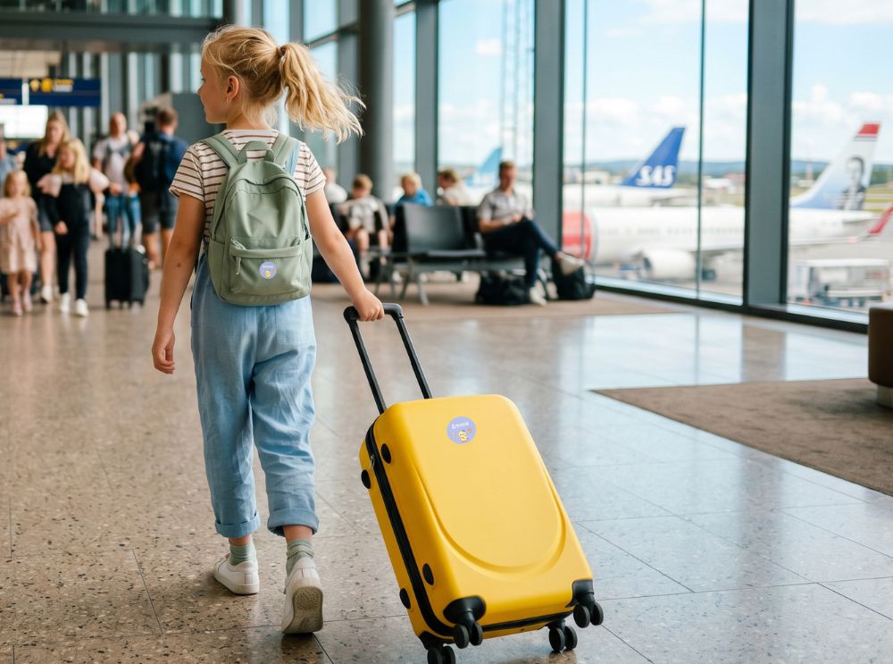 Barn med ryggsäck och resväska med personliga namnlappar på en flygplats